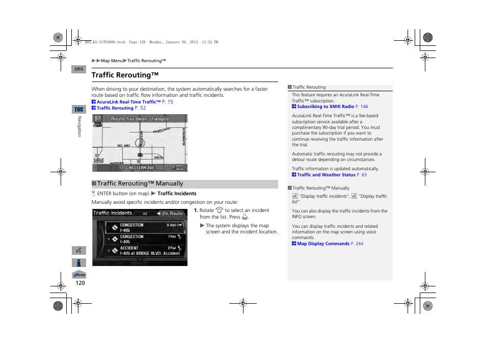 P120), 2 traffic rerouting, P. 120 | 2 acuralink real-time traffic, Traffic rerouting | Acura 2013 RDX Navigation User Manual | Page 121 / 260