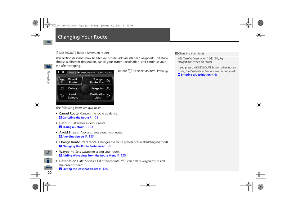 Changing, Your, Route | 2 changing your route p. 122, Changing your route | Acura 2013 RDX Navigation User Manual | Page 123 / 260