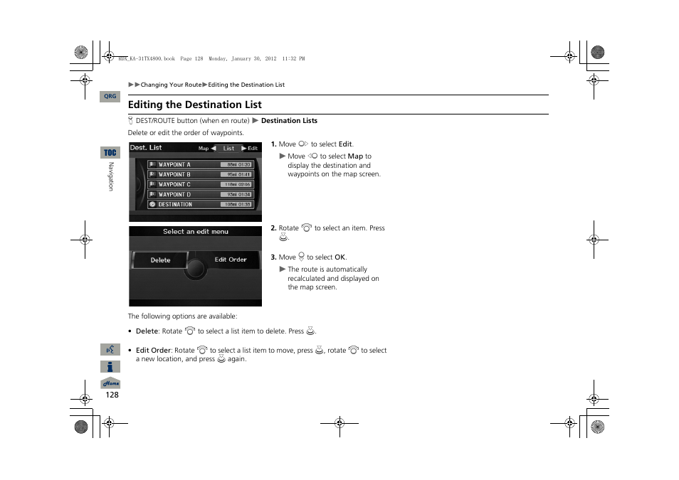 2 editing the destination list p. 128, 2 editing the destination list, P. 128 | Editing the destination list | Acura 2013 RDX Navigation User Manual | Page 129 / 260