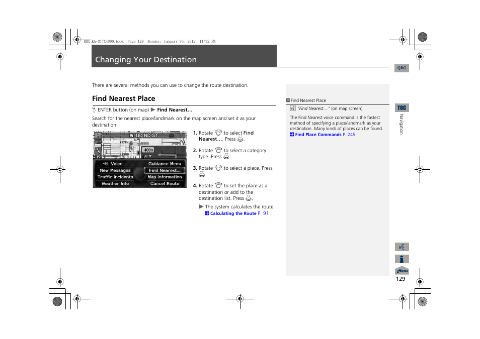 P129), Changing your destination, 2 changing your destination | P. 129, Find nearest place | Acura 2013 RDX Navigation User Manual | Page 130 / 260