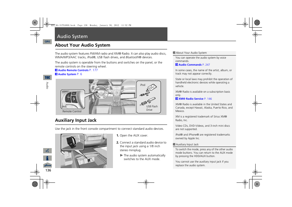 Audio system, About your audio system, Auxiliary input jack | Acura 2013 RDX Navigation User Manual | Page 137 / 260