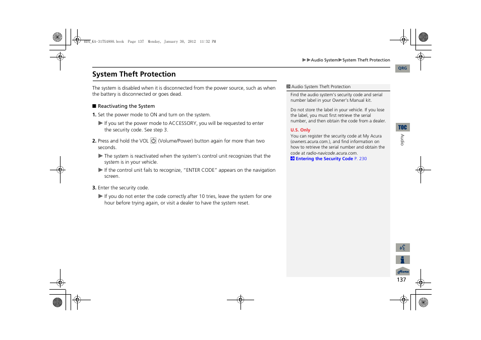System theft protection | Acura 2013 RDX Navigation User Manual | Page 138 / 260