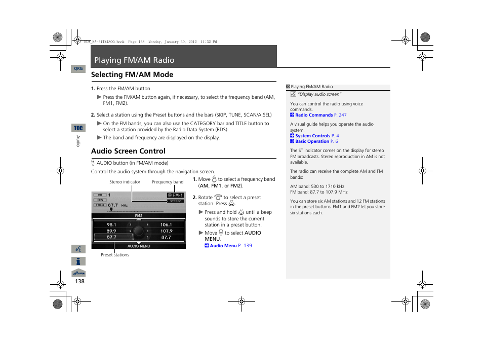 P138), Playing fm/am radio, Selecting fm/am mode | Audio screen control | Acura 2013 RDX Navigation User Manual | Page 139 / 260
