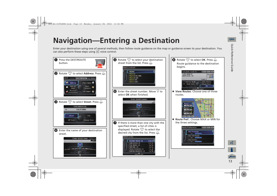 Navigation—entering a destination | Acura 2013 RDX Navigation User Manual | Page 14 / 260