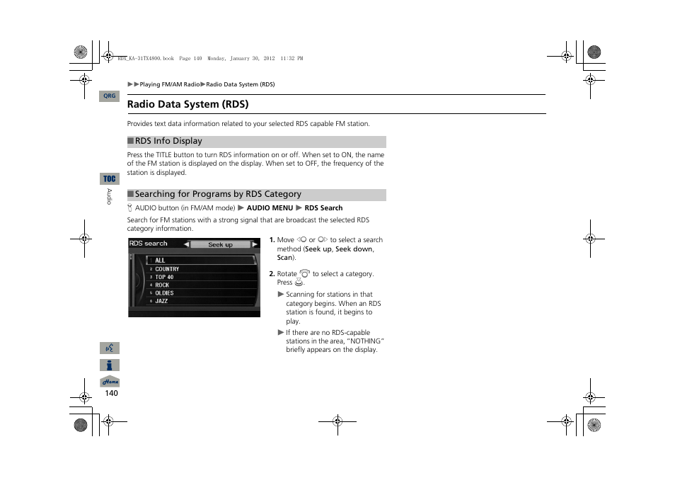 2 searching for programs by rds category, P. 140, Radio data system (rds) | Acura 2013 RDX Navigation User Manual | Page 141 / 260