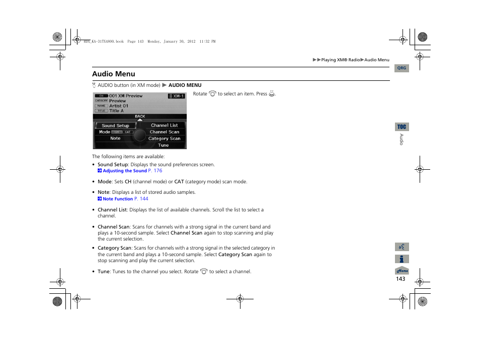 2 audio menu, P. 143, Audio menu | Acura 2013 RDX Navigation User Manual | Page 144 / 260