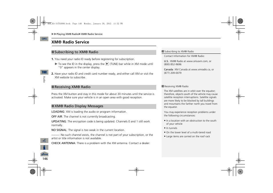 2 subscribing to xm® radio p. 146, 2 xm® radio service p. 146, 2 xm® radio display messages p. 146 | Xm® radio service | Acura 2013 RDX Navigation User Manual | Page 147 / 260