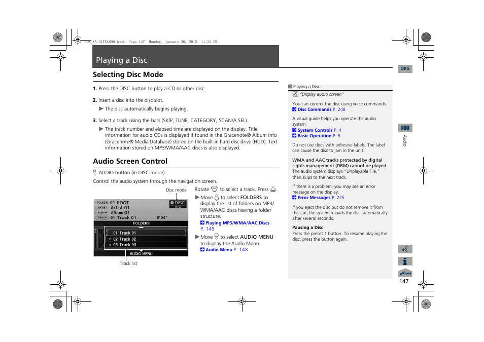 P147), Compact disc, Playing | Disc, Playing a disc, Selecting disc mode, Audio screen control | Acura 2013 RDX Navigation User Manual | Page 148 / 260
