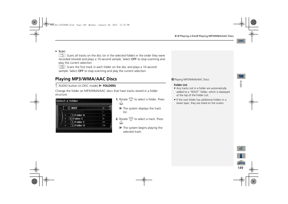 2 playing mp3/wma/aac discs, P. 149, Playing mp3/wma/aac discs | Acura 2013 RDX Navigation User Manual | Page 150 / 260