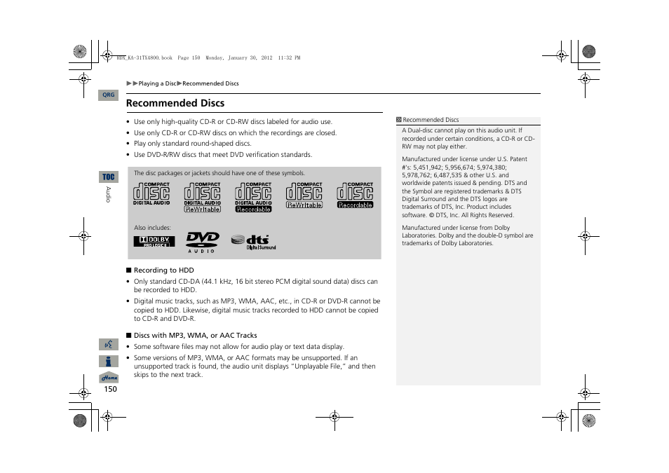 Recommended discs | Acura 2013 RDX Navigation User Manual | Page 151 / 260