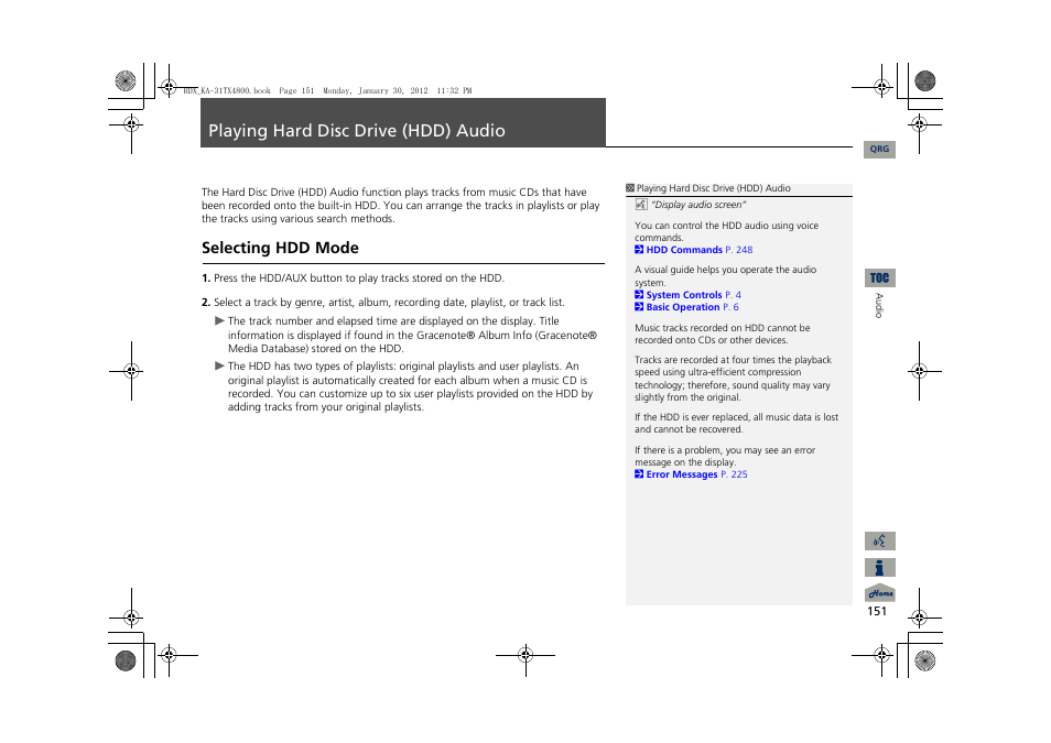 P151), Hard disk drive (hdd), Playing hard disc drive (hdd) audio | Selecting hdd mode | Acura 2013 RDX Navigation User Manual | Page 152 / 260