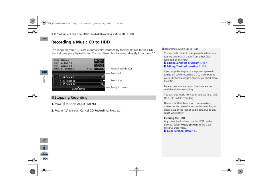 2 recording a music cd to hdd, P. 154, Recording a music cd to hdd | Acura 2013 RDX Navigation User Manual | Page 155 / 260