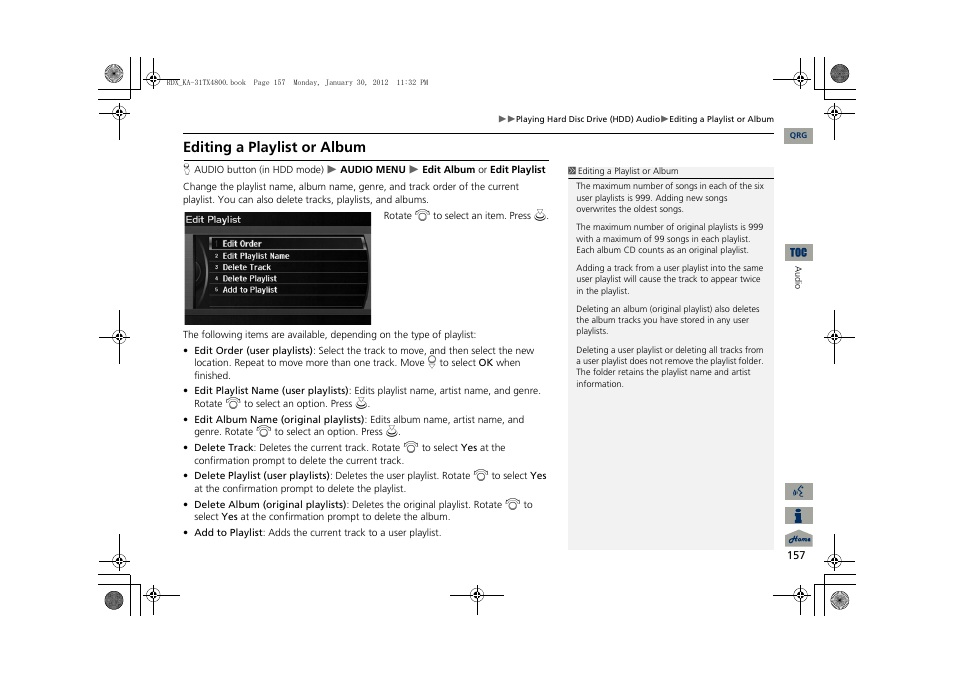 2 editing a playlist or album, P. 157, Editing a playlist or album | Acura 2013 RDX Navigation User Manual | Page 158 / 260
