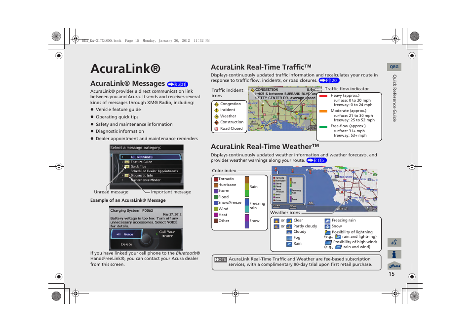 Acuralink, Acuralink® messages, Acuralink real-time traffic | Acuralink real-time weather | Acura 2013 RDX Navigation User Manual | Page 16 / 260