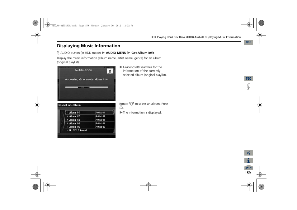 2 displaying music information, P. 159, Displaying music information | Acura 2013 RDX Navigation User Manual | Page 160 / 260