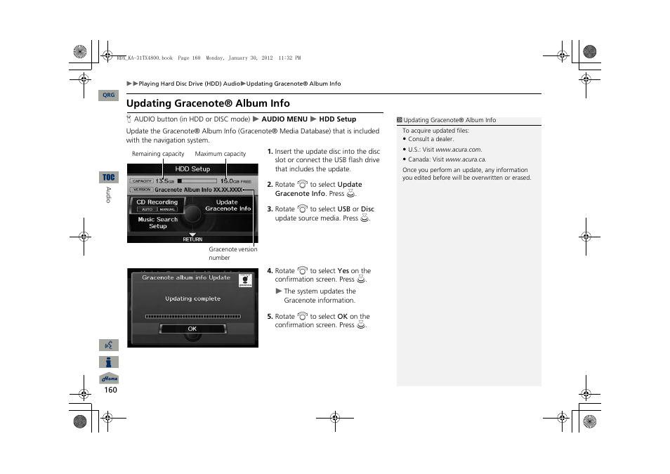 2 updating gracenote® album info, P. 160 | Acura 2013 RDX Navigation User Manual | Page 161 / 260