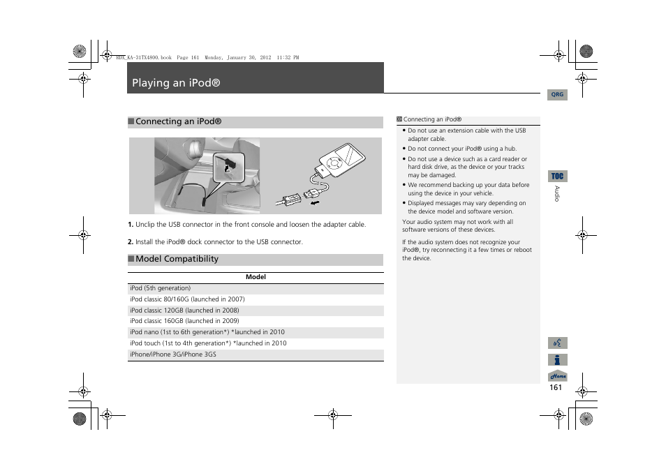 P161), Playing an ipod | Acura 2013 RDX Navigation User Manual | Page 162 / 260