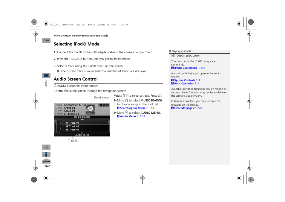 Selecting ipod® mode, Audio screen control | Acura 2013 RDX Navigation User Manual | Page 163 / 260