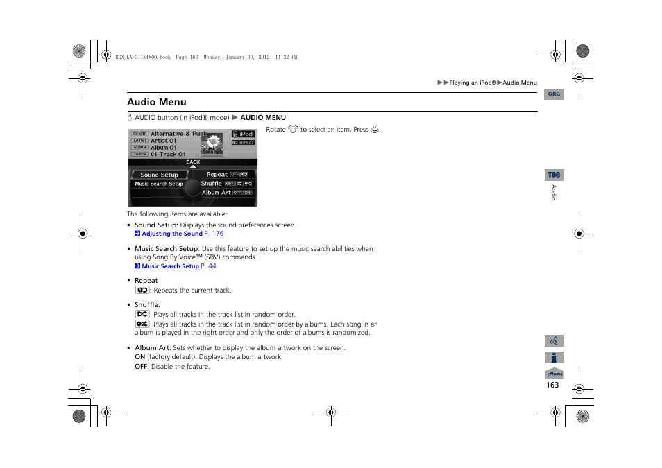 2 audio menu, P. 163, Audio menu | Acura 2013 RDX Navigation User Manual | Page 164 / 260