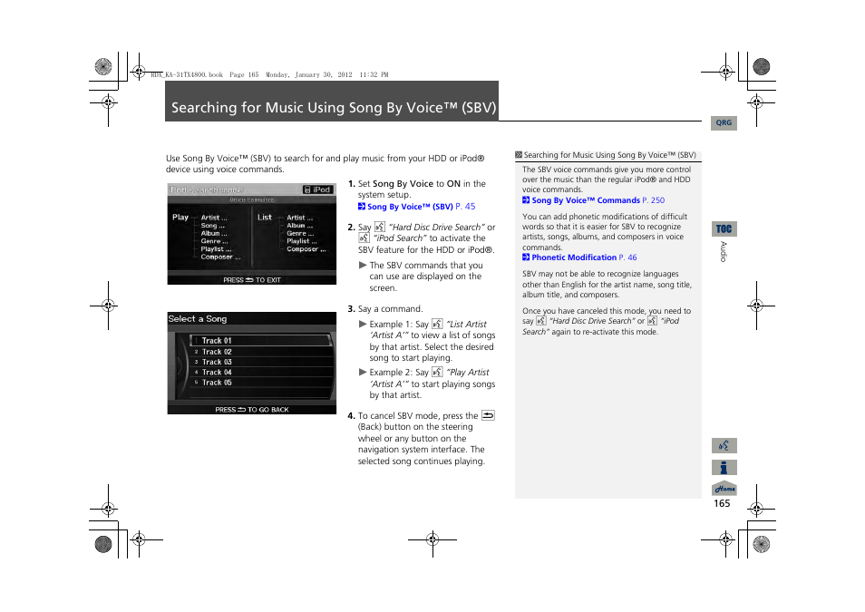 Searching for music using song by voice, Sbv), Searching for music using song by voice™ (sbv) | Acura 2013 RDX Navigation User Manual | Page 166 / 260