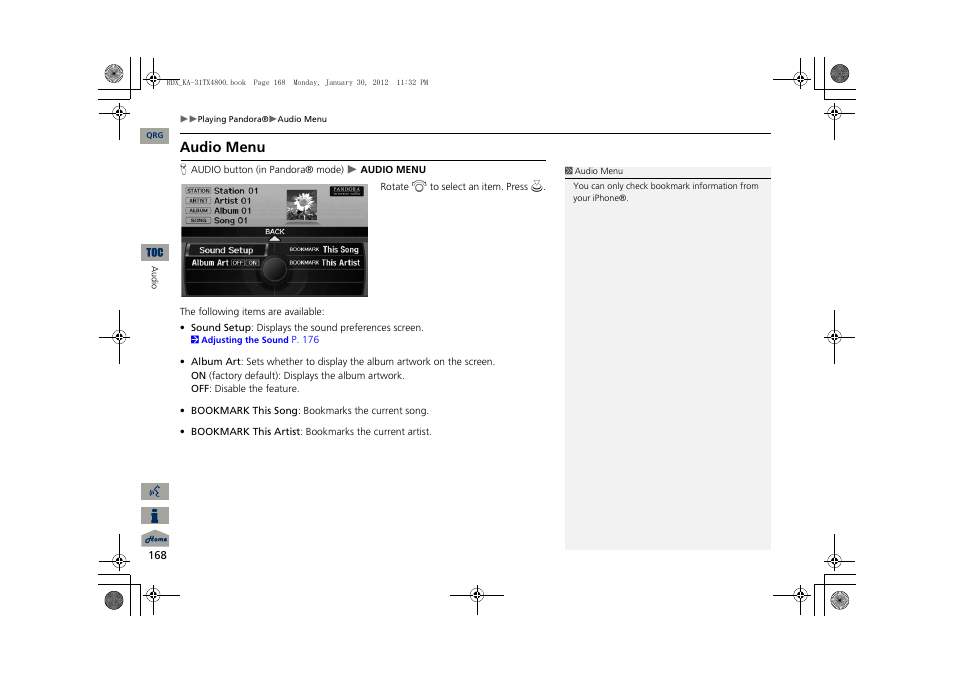 Audio menu | Acura 2013 RDX Navigation User Manual | Page 169 / 260