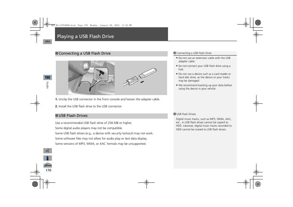 P170), Playing a usb flash drive | Acura 2013 RDX Navigation User Manual | Page 171 / 260