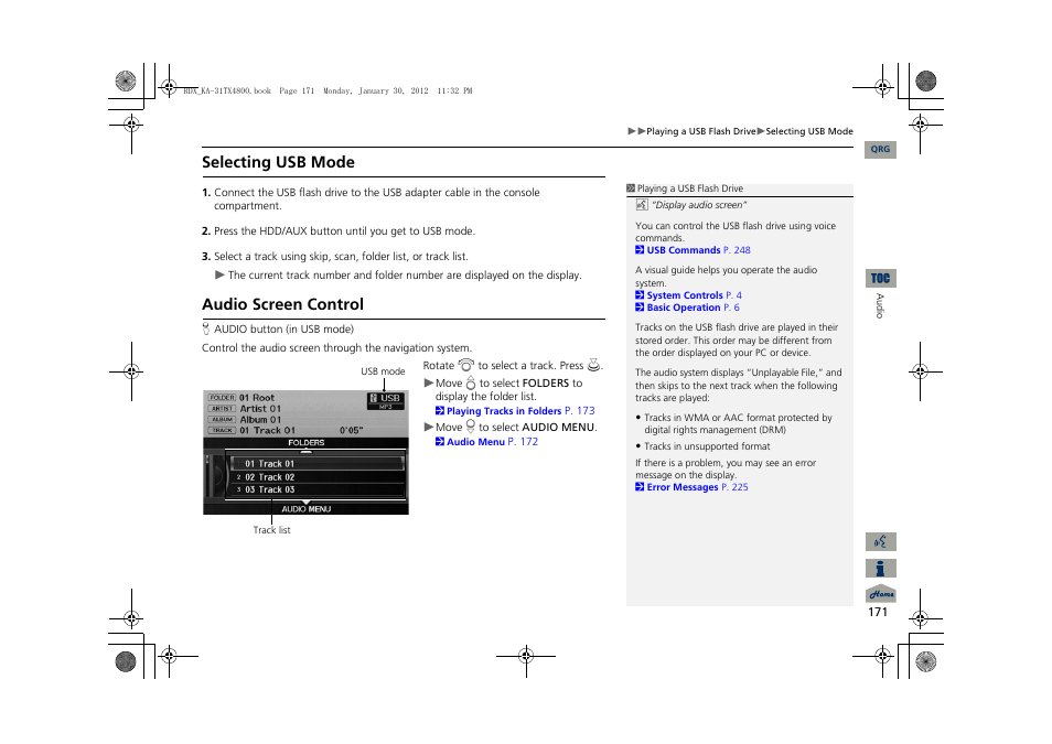 Selecting usb mode, Audio screen control | Acura 2013 RDX Navigation User Manual | Page 172 / 260