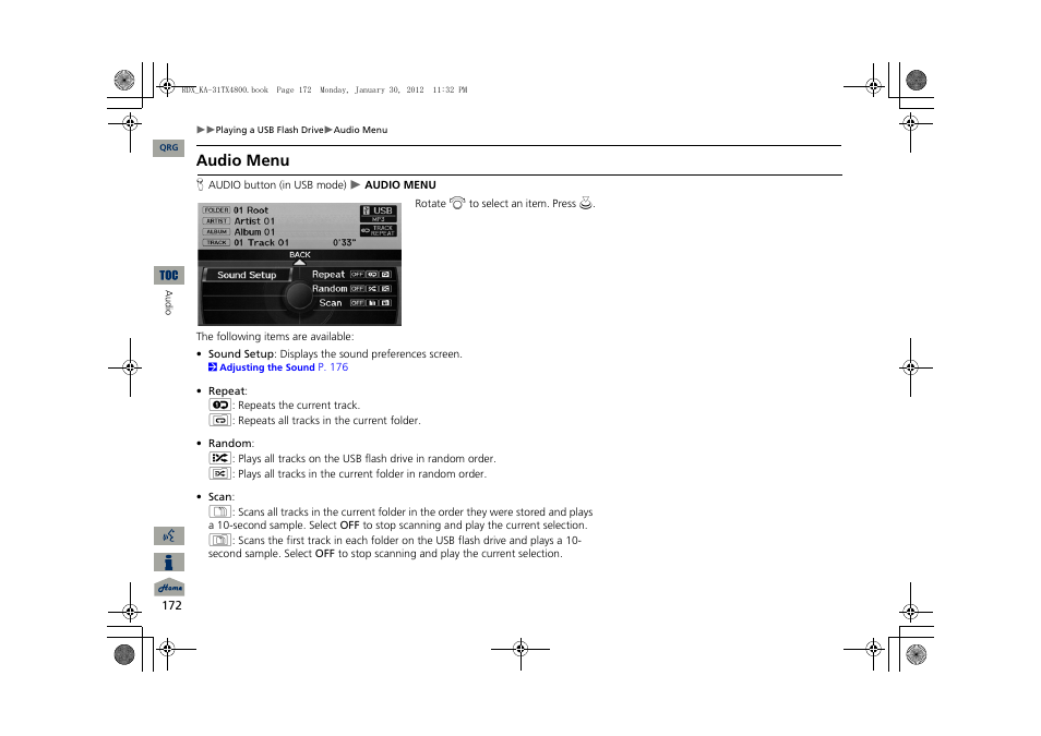 2 audio menu, P. 172, Audio menu | Acura 2013 RDX Navigation User Manual | Page 173 / 260