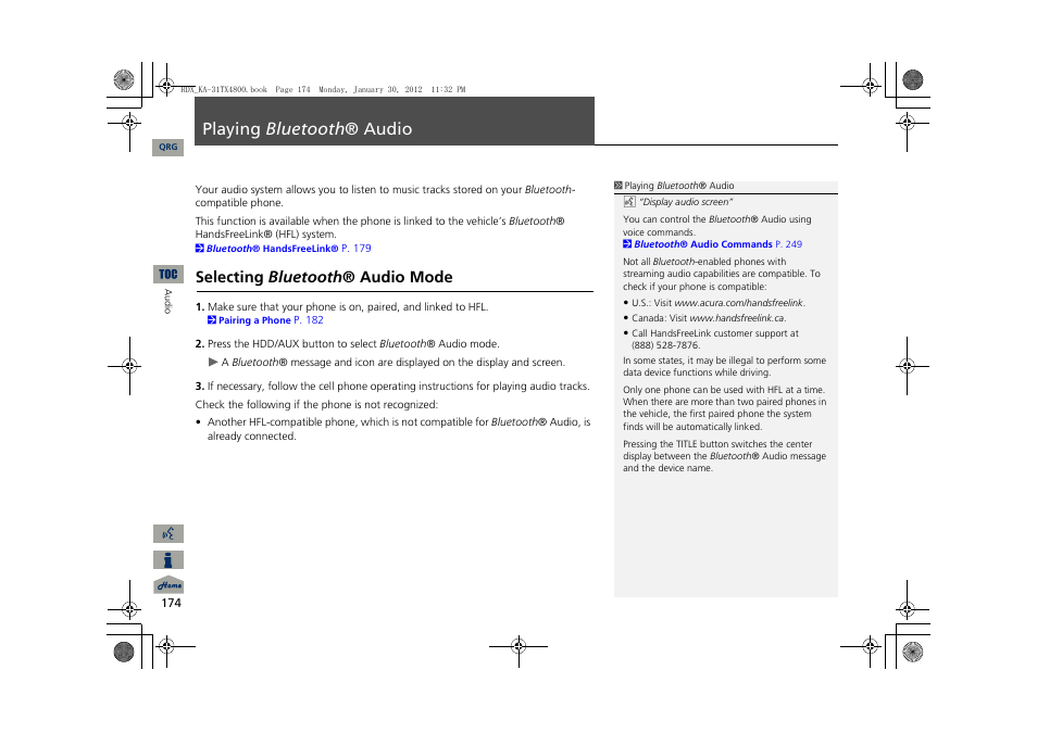 P174), Playing bluetooth ® audio, 2 playing bluetooth ® audio p. 174 | Selecting bluetooth ® audio mode | Acura 2013 RDX Navigation User Manual | Page 175 / 260