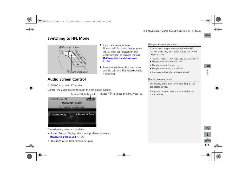 Switching to hfl mode, Audio screen control | Acura 2013 RDX Navigation User Manual | Page 176 / 260