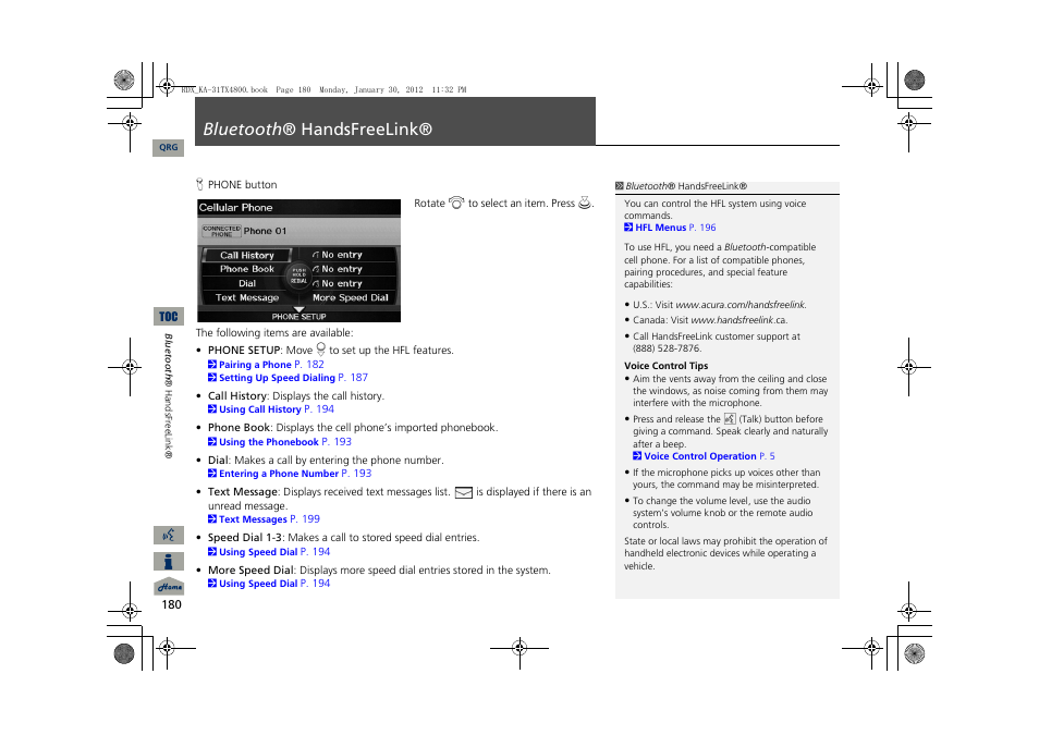 P180), 2 bluetooth ® handsfreelink® p. 180, 2 bluetooth ® handsfreelink | P. 180, Bluetooth, Handsfreelink, Bluetooth ® handsfreelink | Acura 2013 RDX Navigation User Manual | Page 181 / 260