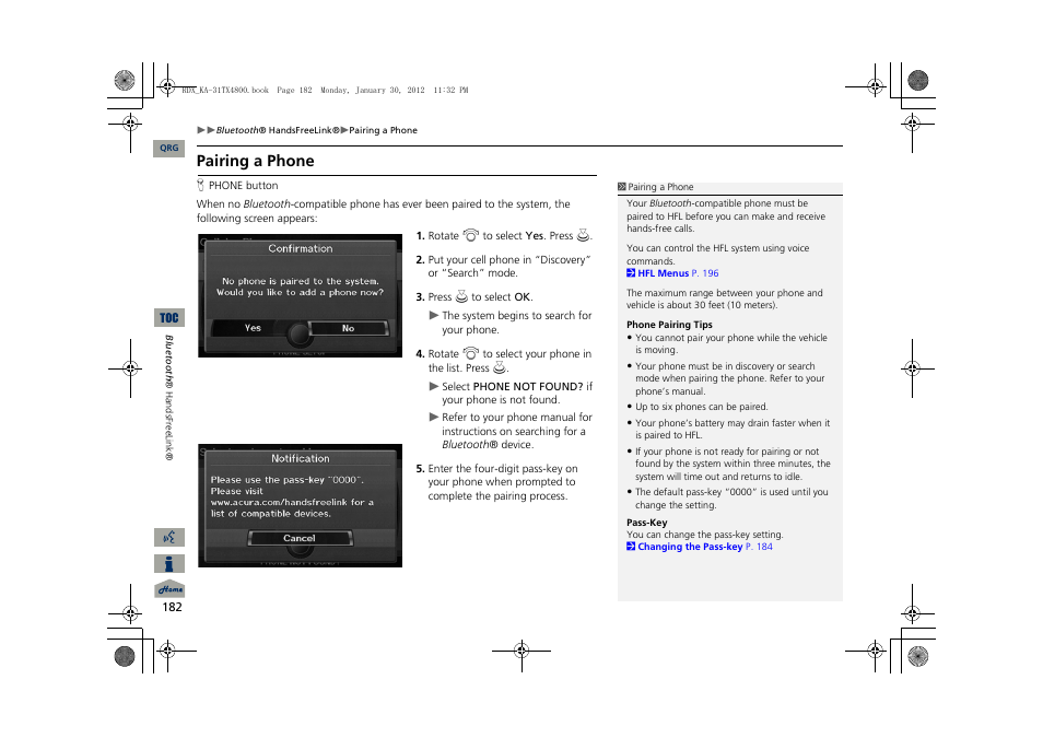 2 pairing a phone, P. 182, Pairing a phone | Acura 2013 RDX Navigation User Manual | Page 183 / 260