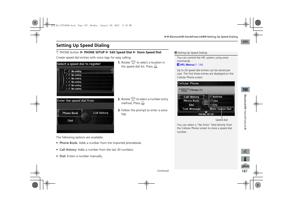 2 setting up speed dialing, P. 187, Setting up speed dialing | Acura 2013 RDX Navigation User Manual | Page 188 / 260