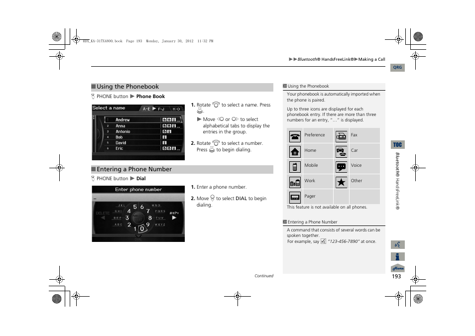 2 using the phonebook, P. 193, 2 entering a phone number | Acura 2013 RDX Navigation User Manual | Page 194 / 260