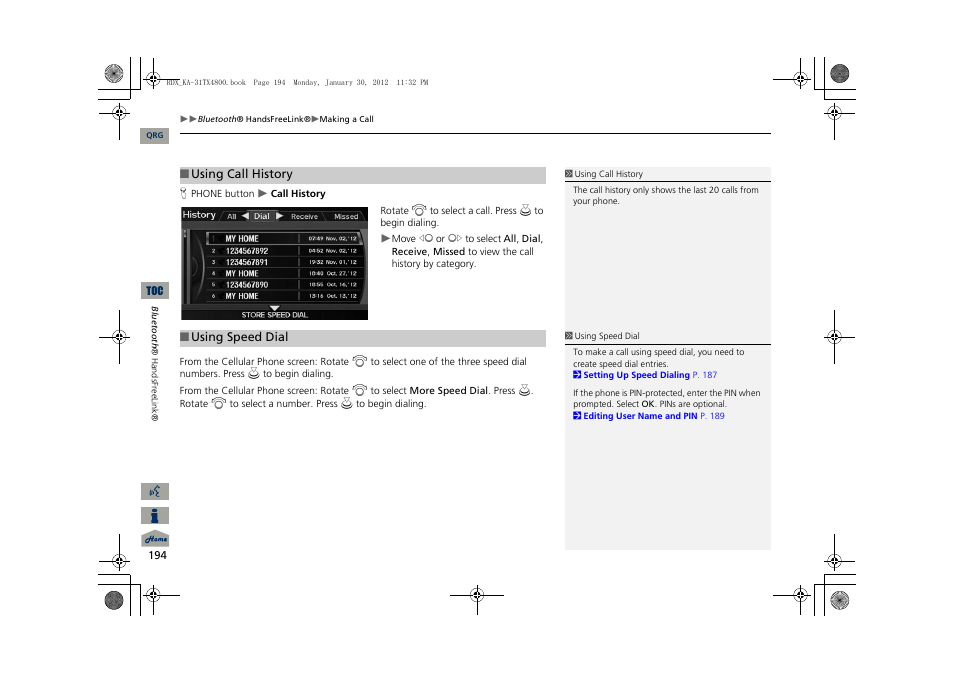 2 using call history, P. 194, 2 using speed dial | Acura 2013 RDX Navigation User Manual | Page 195 / 260