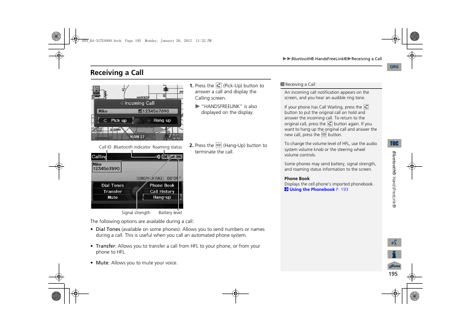 Call, P195), Receiving a call | Acura 2013 RDX Navigation User Manual | Page 196 / 260