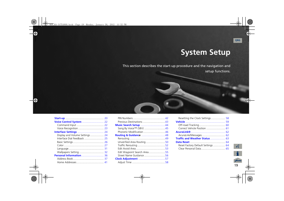 2 system setup p. 19, P.19, System setup | Acura 2013 RDX Navigation User Manual | Page 20 / 260