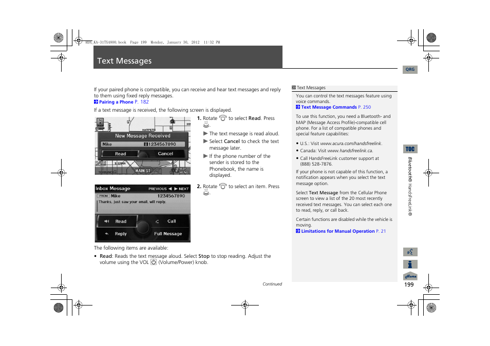 P199), Text messages, 2 text messages | P. 199 | Acura 2013 RDX Navigation User Manual | Page 200 / 260