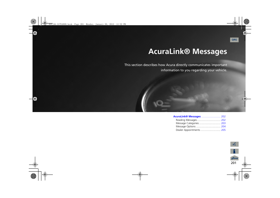 2 acuralink® messages p. 201, P.201, Acuralink® messages | Acura 2013 RDX Navigation User Manual | Page 202 / 260