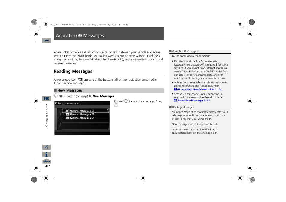 Ages, P202), 2 acuralink® messages p. 202 | 2 acuralink® messages, P. 202, Acuralink® messages, Reading messages | Acura 2013 RDX Navigation User Manual | Page 203 / 260