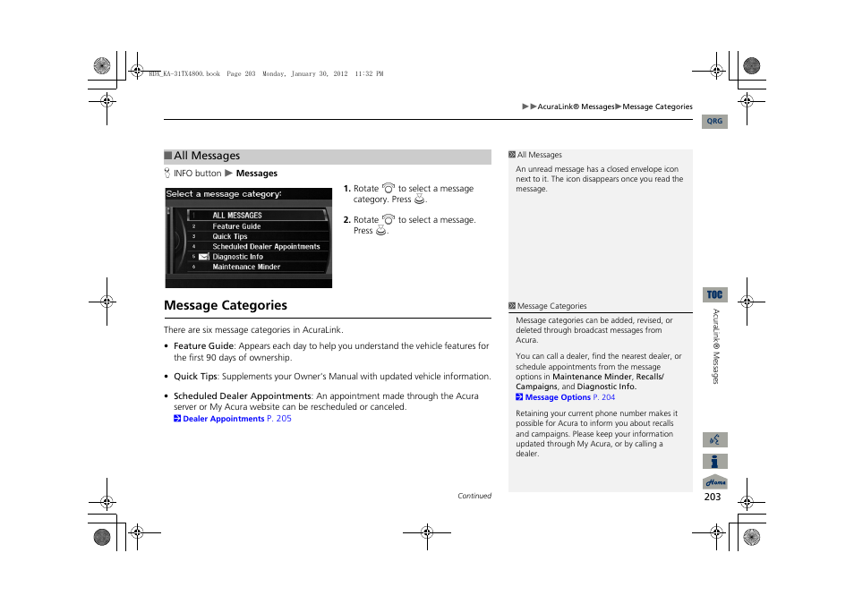 Message categories | Acura 2013 RDX Navigation User Manual | Page 204 / 260