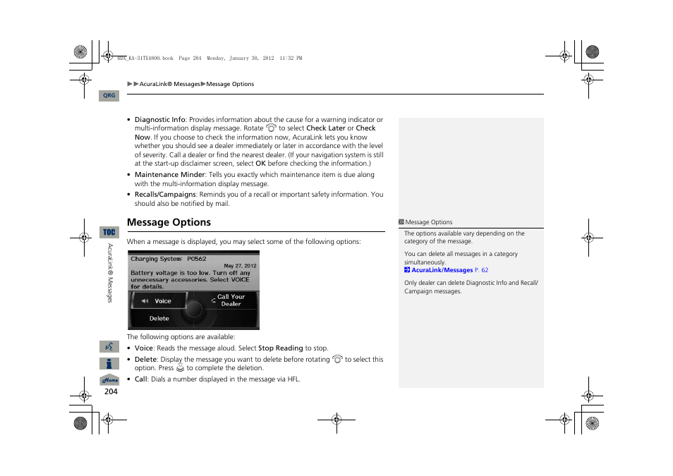 Message options | Acura 2013 RDX Navigation User Manual | Page 205 / 260