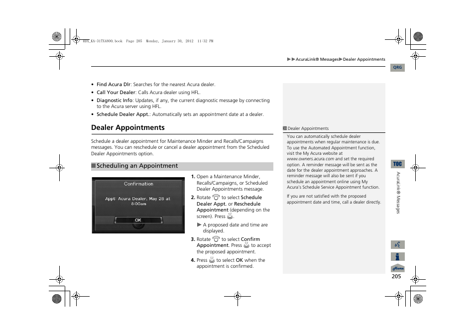 Tments, Dealer appointments | Acura 2013 RDX Navigation User Manual | Page 206 / 260