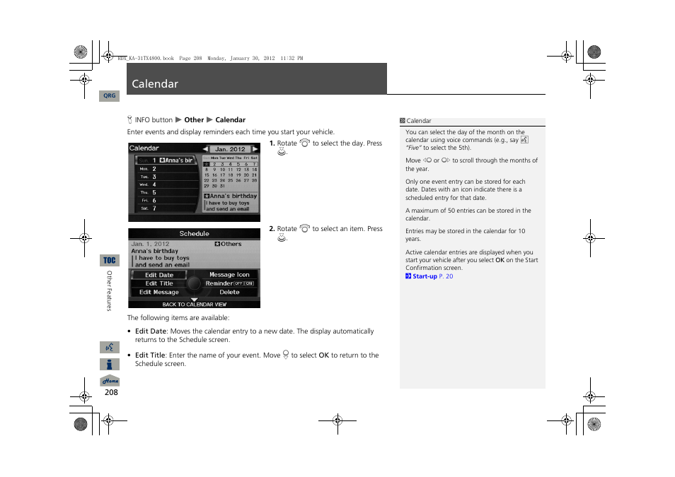 Calendar | Acura 2013 RDX Navigation User Manual | Page 209 / 260
