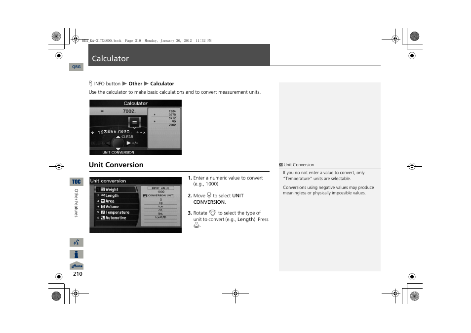 Calculator, Unit conversion | Acura 2013 RDX Navigation User Manual | Page 211 / 260