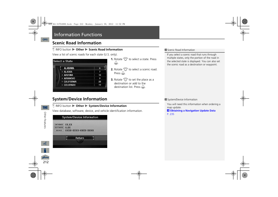 Information functions, Scenic road information, System/device information | Acura 2013 RDX Navigation User Manual | Page 213 / 260