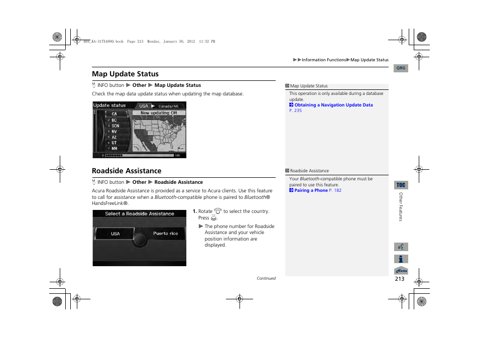 Map update status, Roadside assistance | Acura 2013 RDX Navigation User Manual | Page 214 / 260