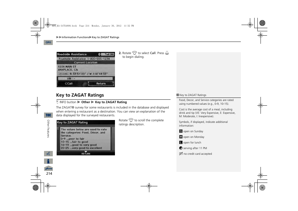 2 key to zagat ratings p. 214, Key to zagat ratings | Acura 2013 RDX Navigation User Manual | Page 215 / 260