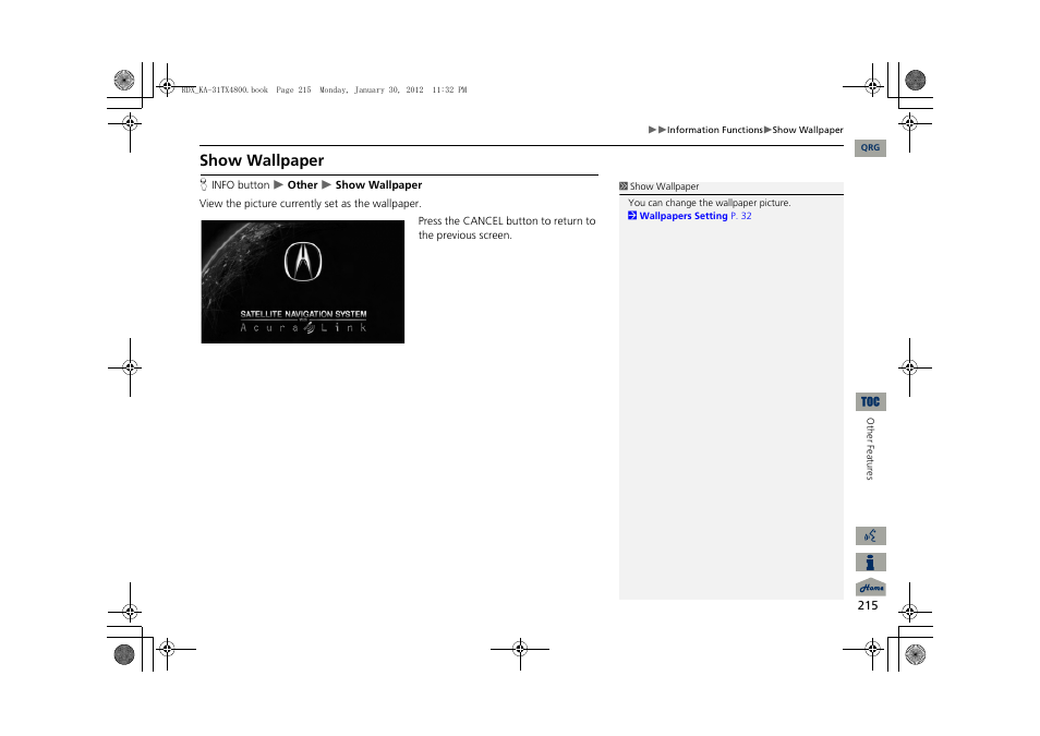 Show wallpaper | Acura 2013 RDX Navigation User Manual | Page 216 / 260