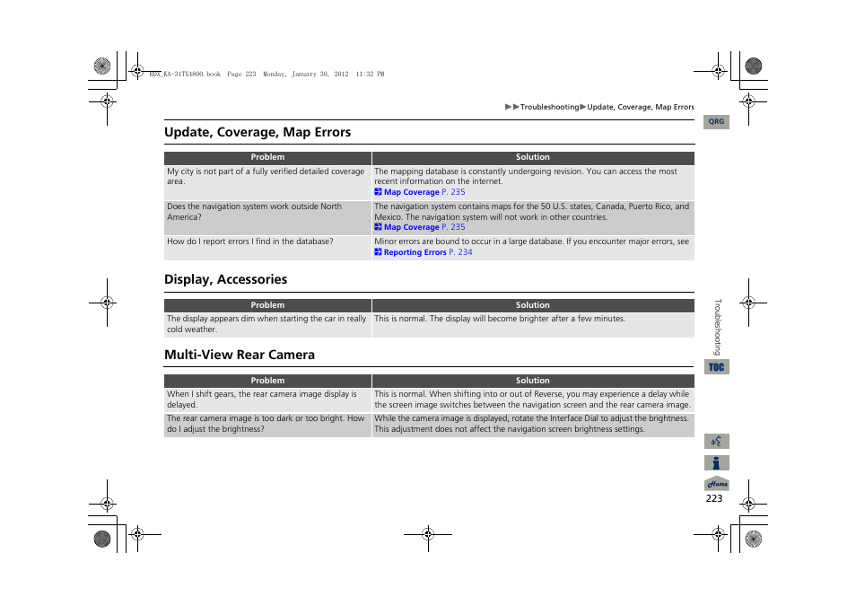 Update, coverage, map errors, Display, accessories, Multi-view rear camera | Acura 2013 RDX Navigation User Manual | Page 224 / 260